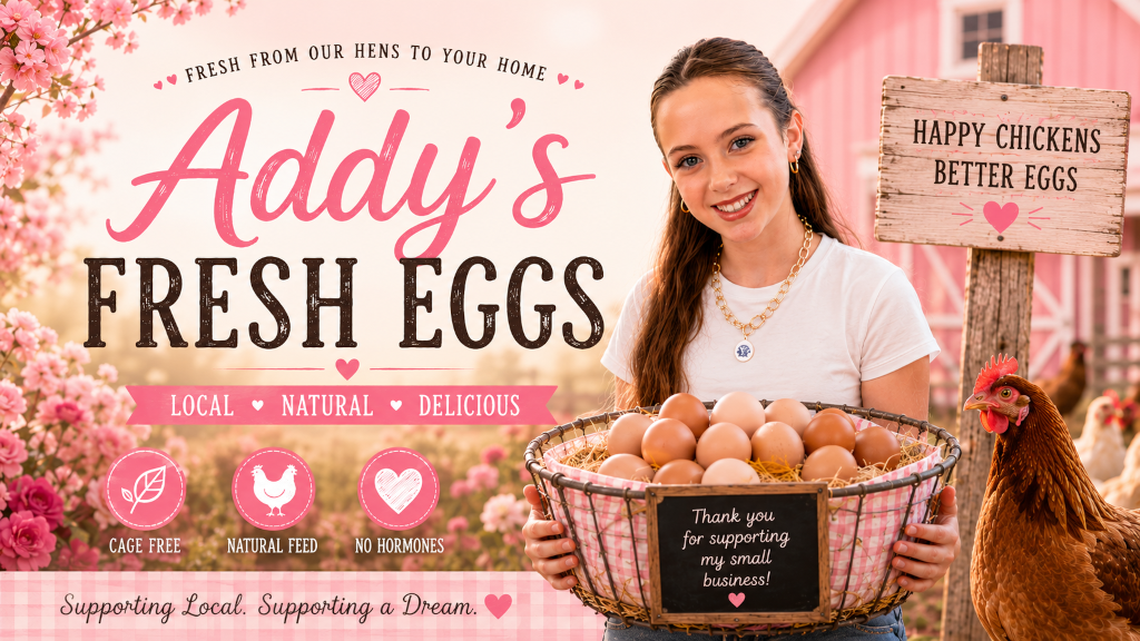 Addy Clark holding a basket full of fresh eggs with her backyard chickens